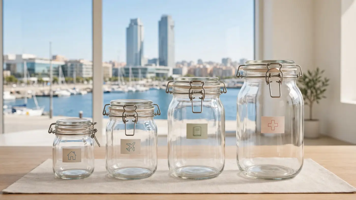 Concepto de planificación del ahorro con tarros de distintos tamaños y el paseo marítimo de Barcelona al fondo