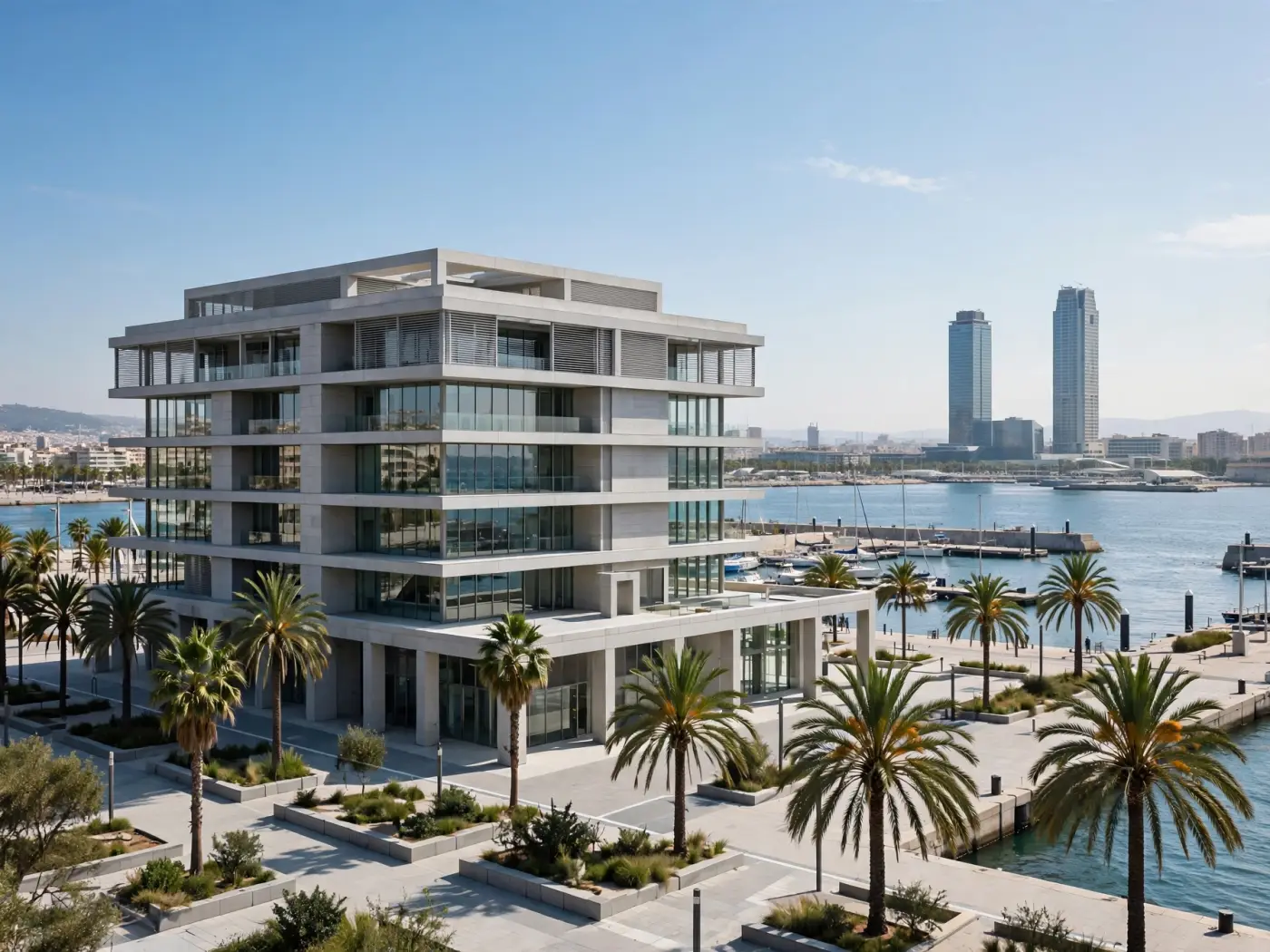 Edificio de oficinas moderno en Valencia con arquitectura contemporánea y palmeras a la luz del día
