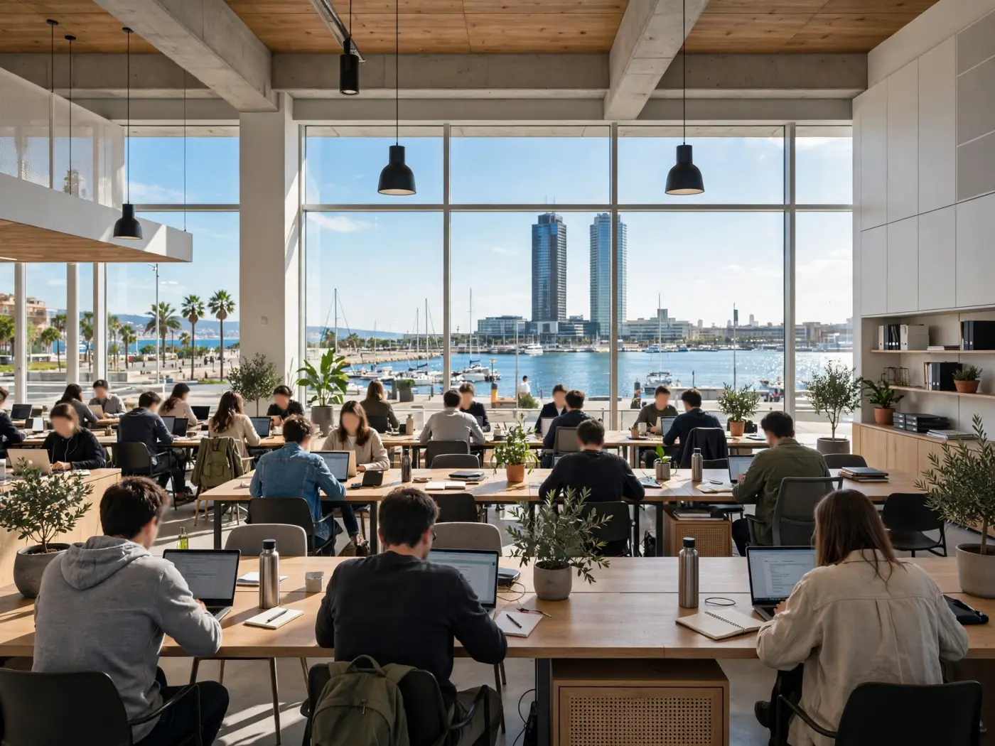 Espacio de coworking en España con personas estudiando en portátiles, rostros no visibles
