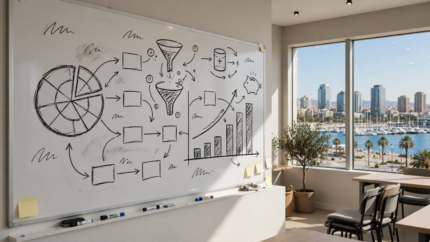 Pizarra en una sala de formación con diagramas de presupuesto y ahorro dibujados a mano, sin texto legible
