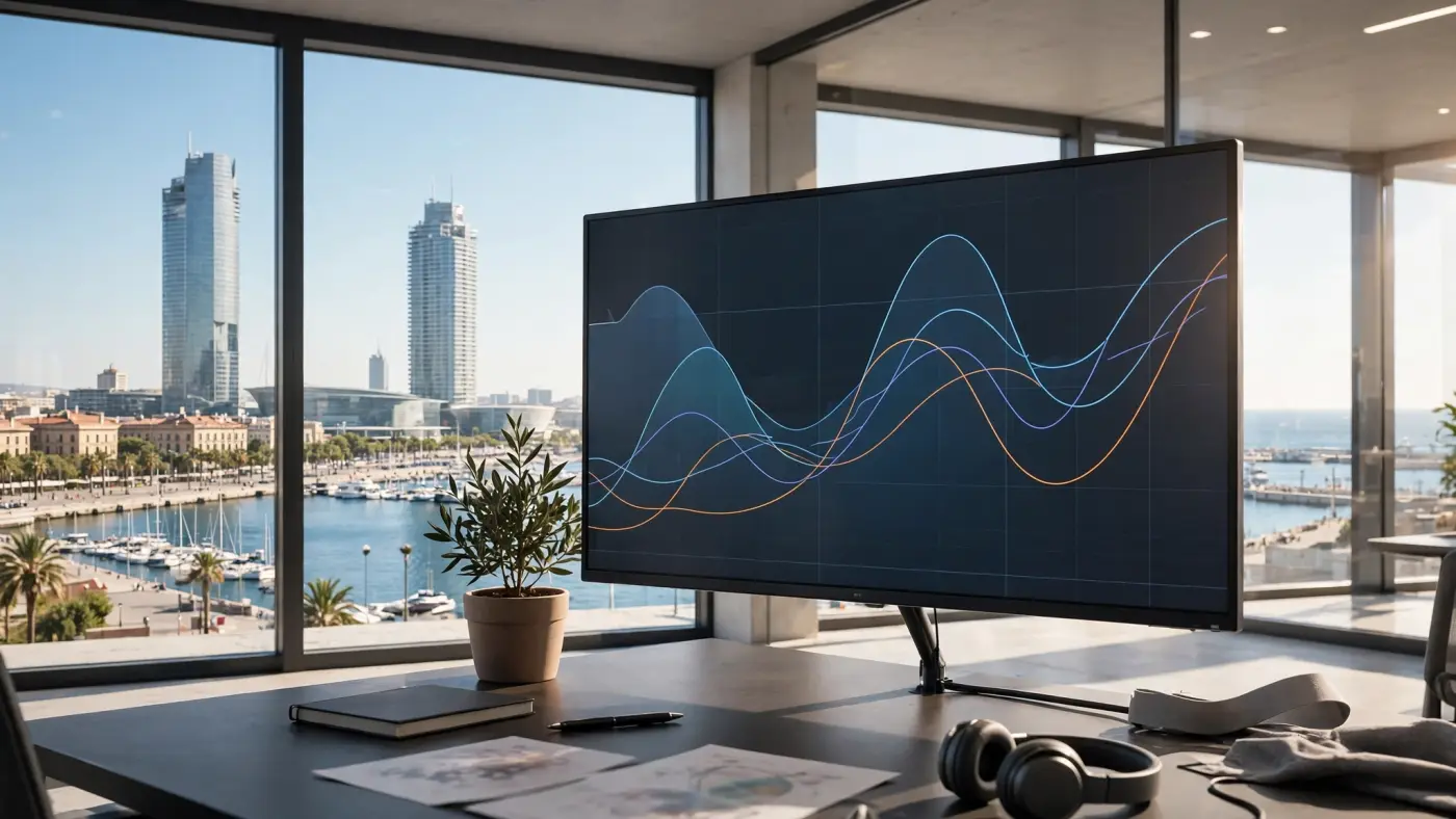 Gráficos de mercados financieros europeos en un monitor grande con curvas abstractas de índices, sin números legibles