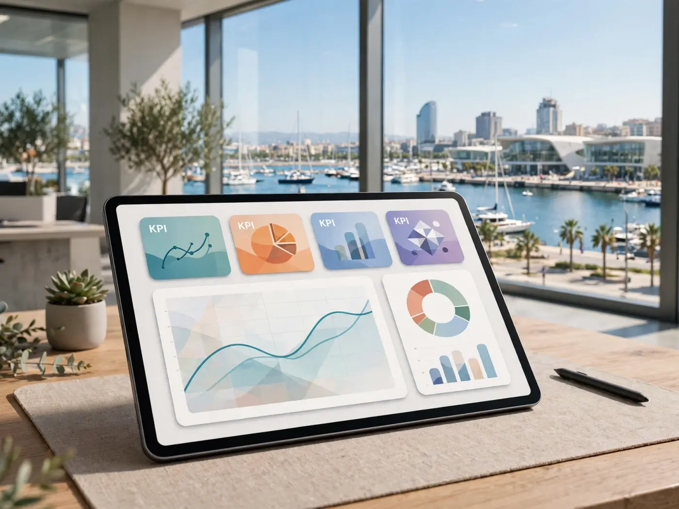 Panel financiero interactivo en una tableta con mosaicos abstractos de indicadores y gráficos, sin texto legible
